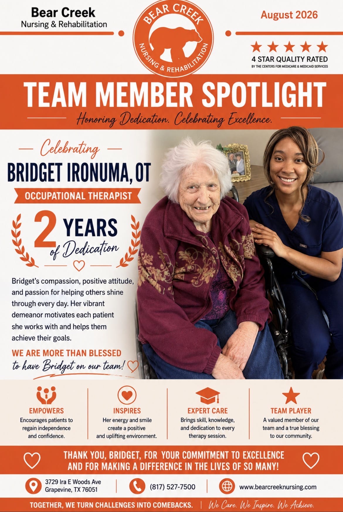 August 2026 spotlight celebrating Occupational Therapist Bridget Ironuma working at Bear Creek Nursing & Rehab for 2 years